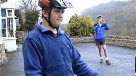 Olly films Michael photographing the group outside Lynton Youth Hostel as we prepare to leave